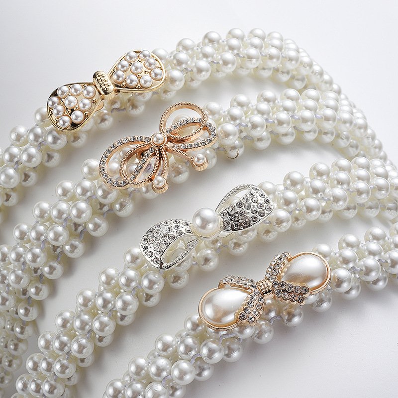 Dress Decoration Waistbands Elastic Buckle Beaded Girdle Pearls Waist Belts For Women