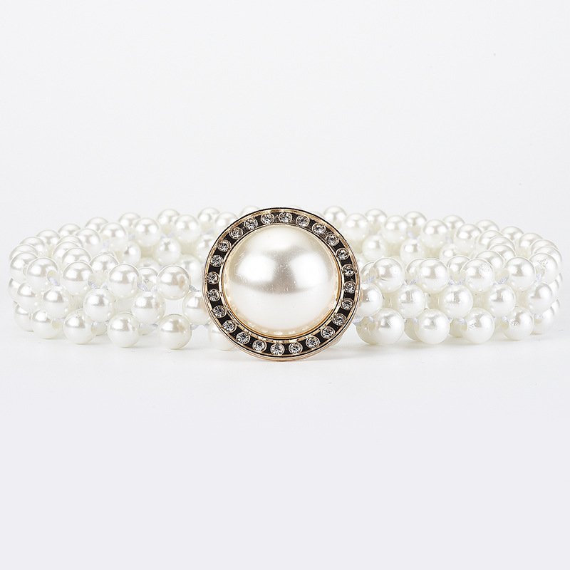 Dress Decoration Waistbands Elastic Buckle Beaded Girdle Pearls Waist Belts For Women