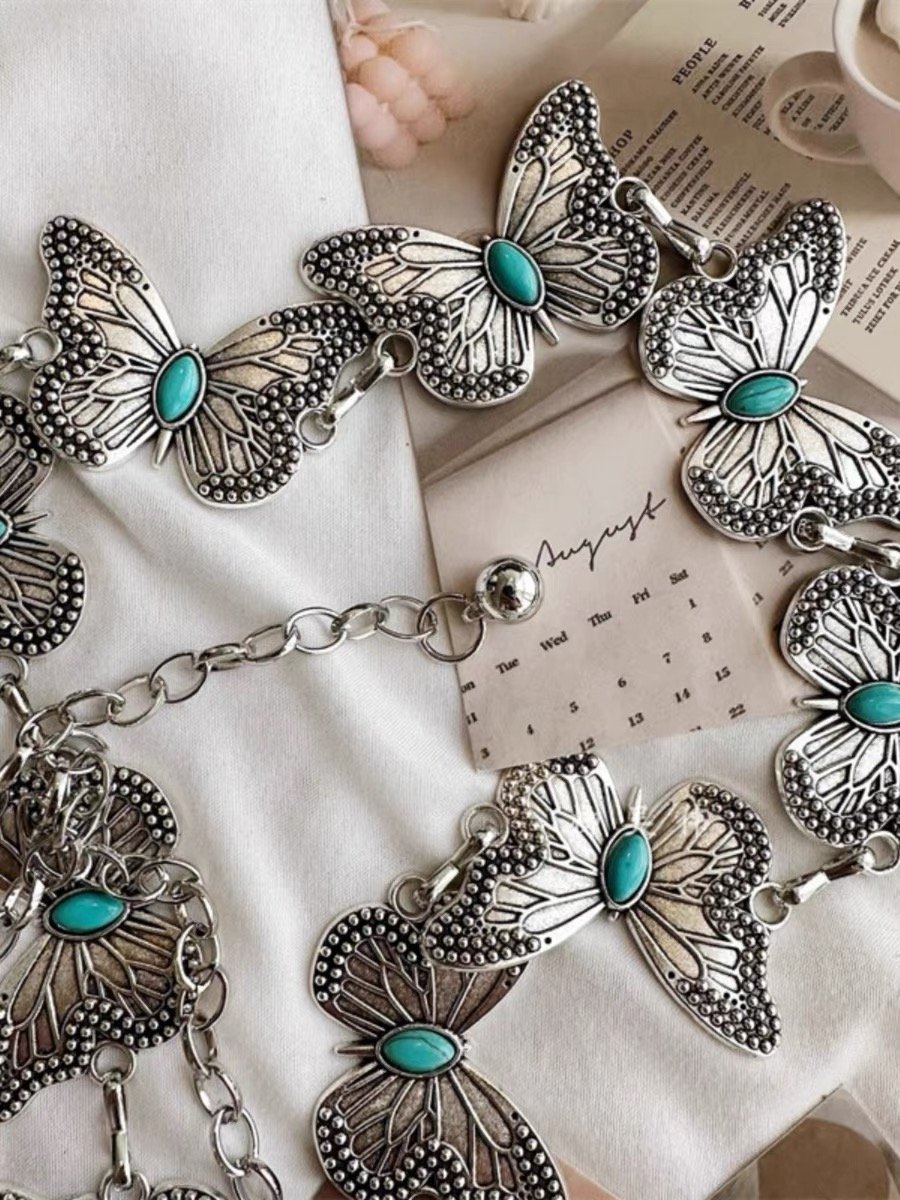 Ladies Turquoise Concho Chain Belt Women Belts Adjustable Butterfly Metal Waist Chain Belt for Jeans or Dresses