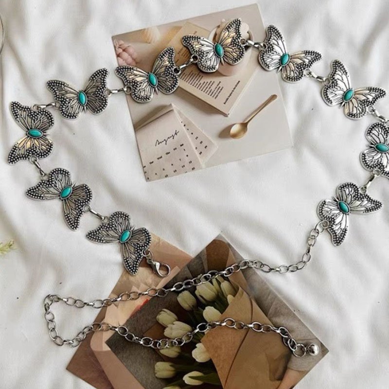 Ladies Turquoise Concho Chain Belt Women Belts Adjustable Butterfly Metal Waist Chain Belt for Jeans or Dresses