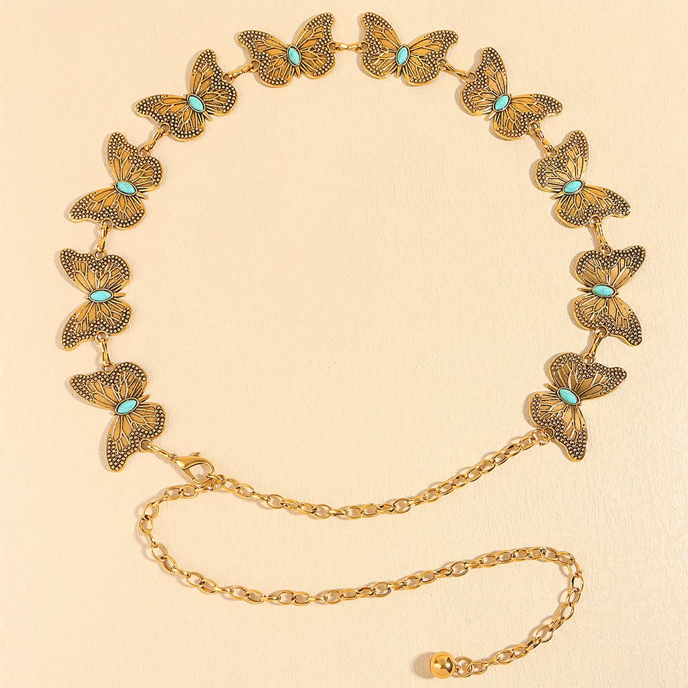 Ladies Turquoise Concho Chain Belt Women Belts Adjustable Butterfly Metal Waist Chain Belt for Jeans or Dresses