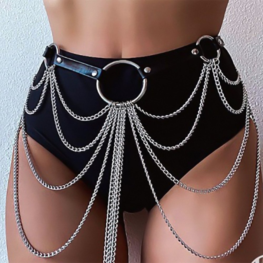 Punk Black Waist Chain Belt Leather Layered Belly Body Chains Rave Body Jewelry Accessories for Women and Girls