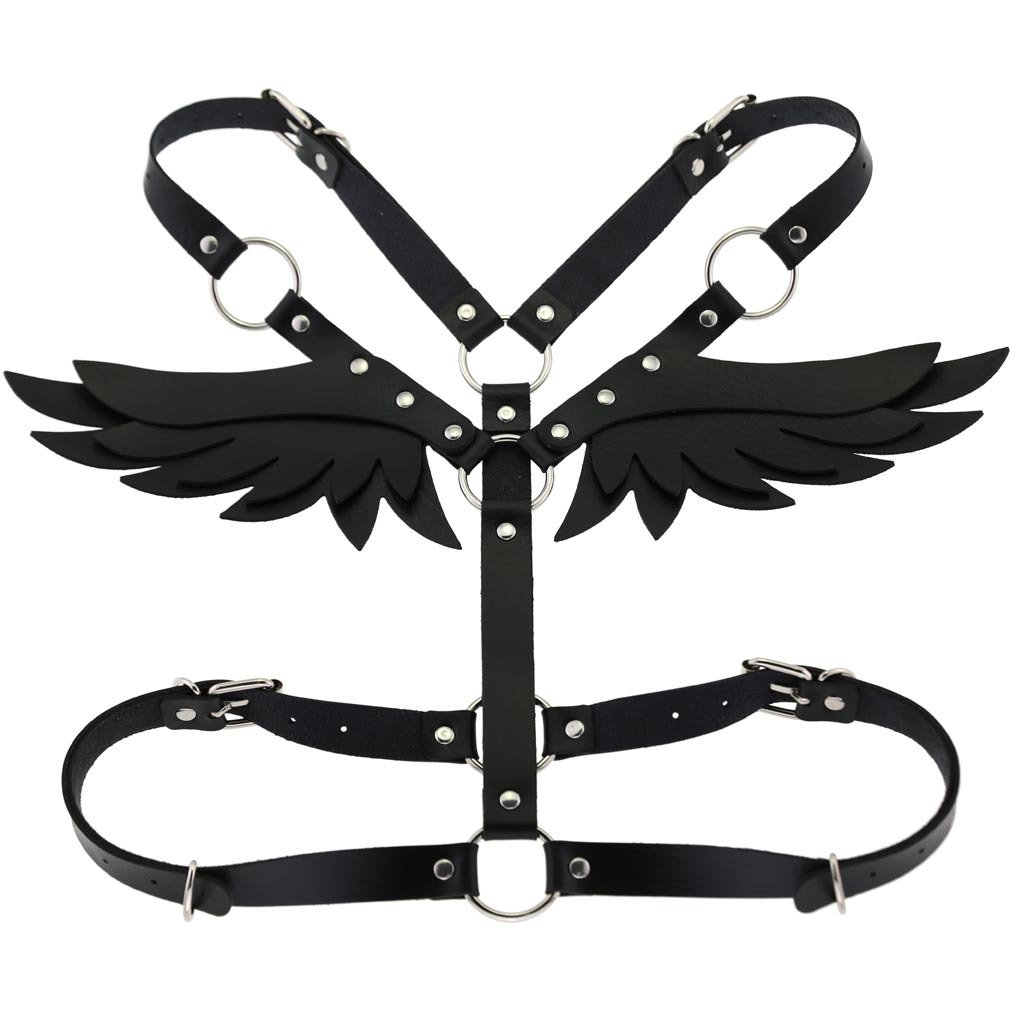 King Mcgreen Star Harness for Women Angel Wings Leather Gothic Suspender Waist Belt Bow Strap Body Bondage Sexy Lingerie Rave