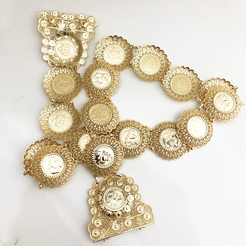 Vintage Algerian Gold Plated Metal Belt French Coin Waist Chain Caftan Belts for Bridal Dress Jewelry