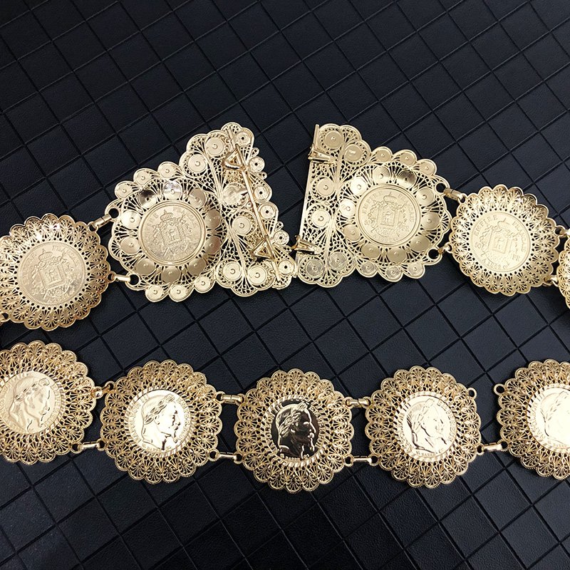 Vintage Algerian Gold Plated Metal Belt French Coin Waist Chain Caftan Belts for Bridal Dress Jewelry