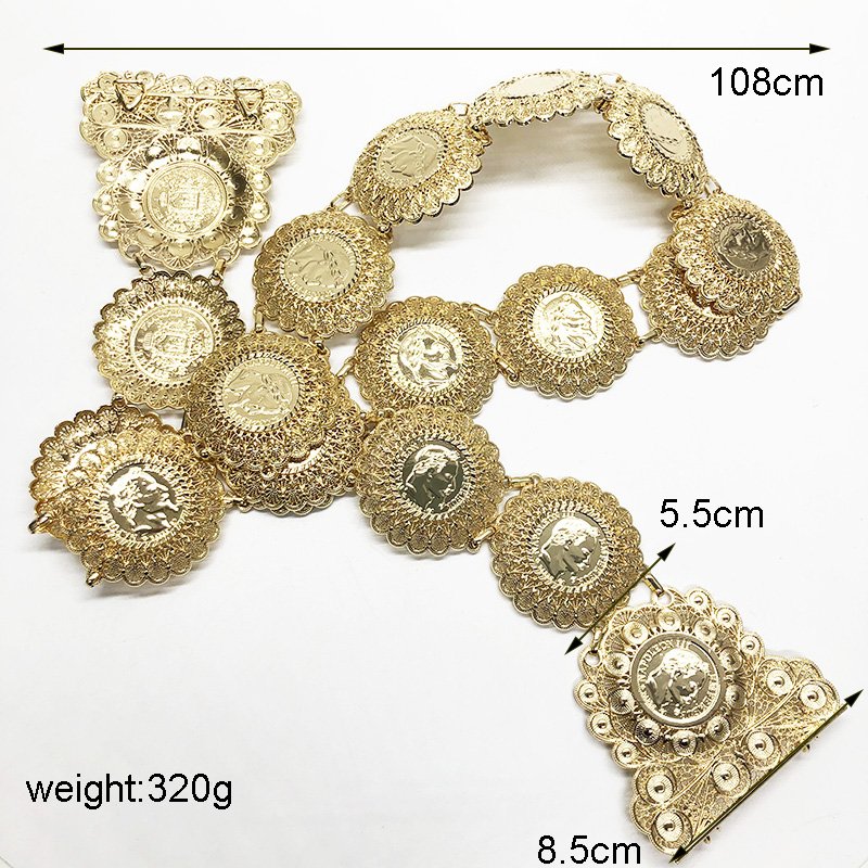 Vintage Algerian Gold Plated Metal Belt French Coin Waist Chain Caftan Belts for Bridal Dress Jewelry
