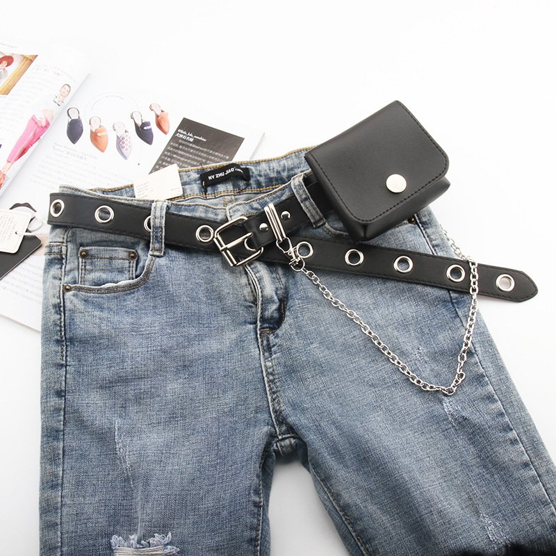 RW New Fashion Punk Ladies Waist Belts Mini Heart Purse Sling Bag Black PU Leather Chain Belt for Women Girls
