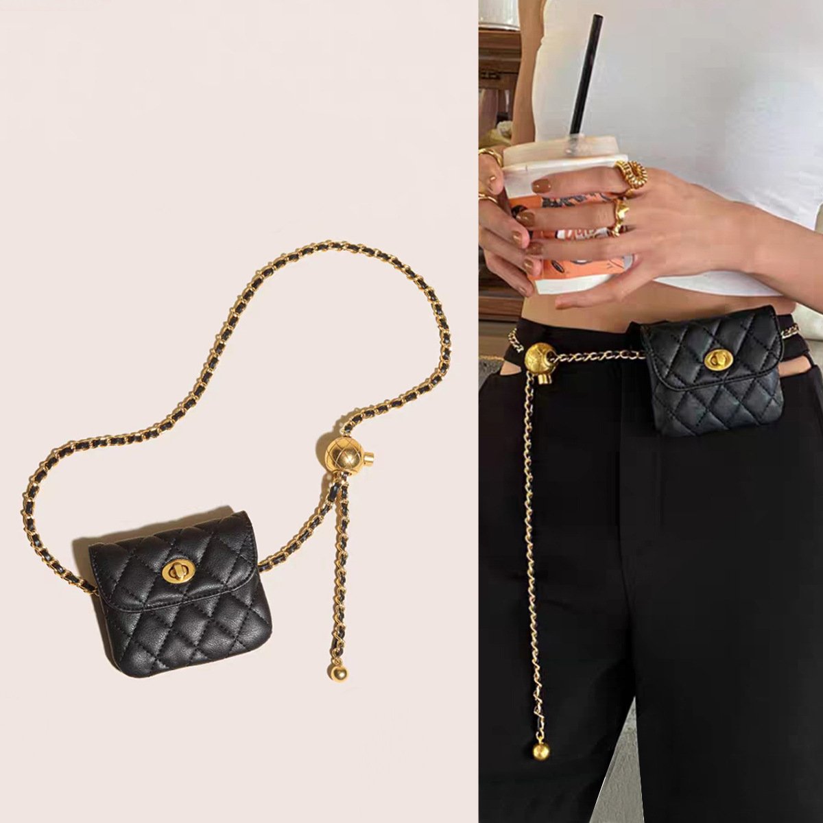 RW New Fashion Punk Ladies Waist Belts Mini Heart Purse Sling Bag Black PU Leather Chain Belt for Women Girls