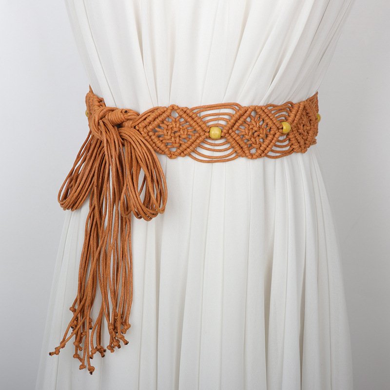 New Fashion Ladies Woven Wide Belt National Style Long Knot Bohemia Joker Decorative Waist Rope Knitted Belts