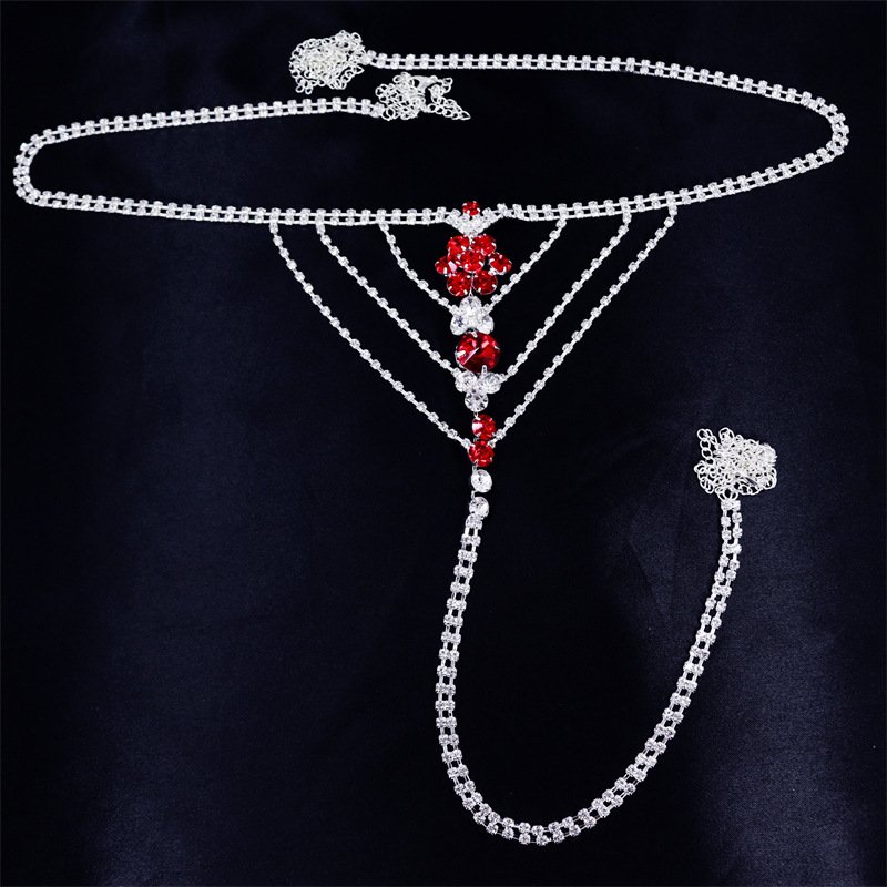 Fashion Sexy Bikini Lingerie Red Crystal Women Thong Panties Body Chain Jewelry Bling Rhinestone Thong Belt Belly Chains