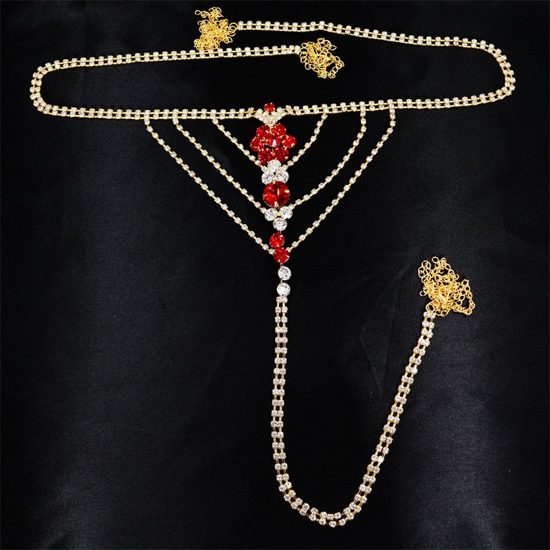 Fashion Sexy Bikini Lingerie Red Crystal Women Thong Panties Body Chain Jewelry Bling Rhinestone Thong Belt Belly Chains