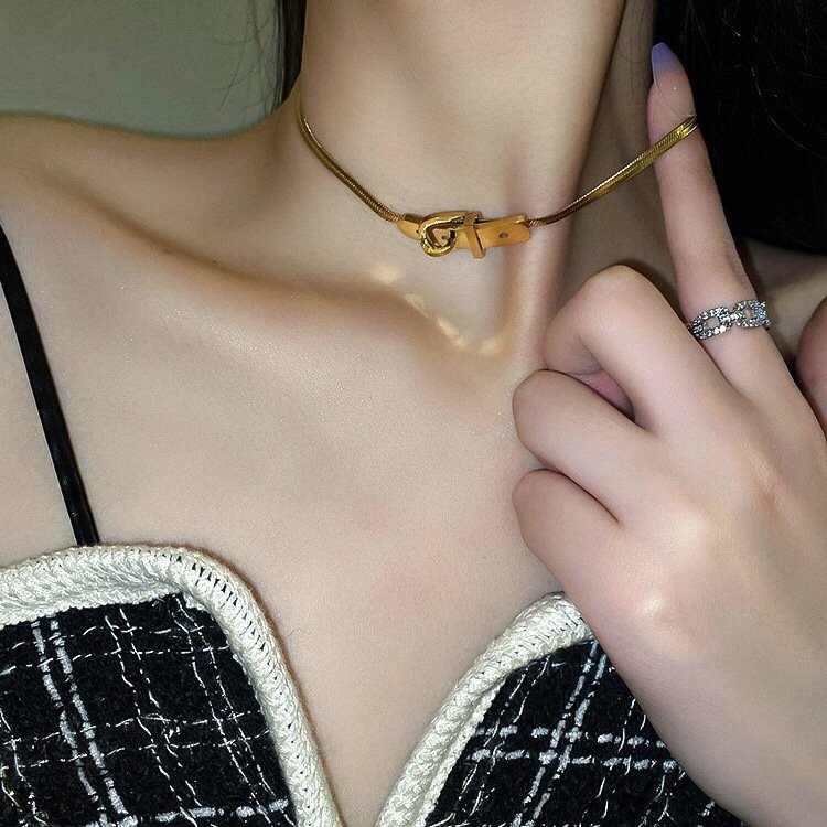 New Fashion Stainless Steel Belt Buckle Short Clavicle Necklace For Women Aesthetic 18K Gold Plated Accessories Party Gift