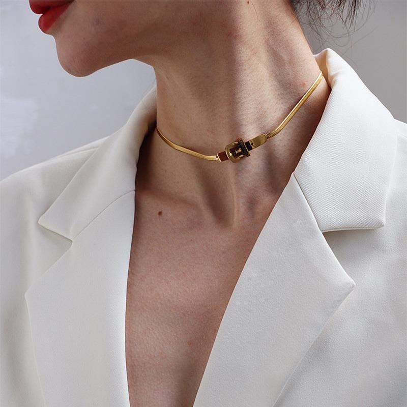 New Fashion Stainless Steel Belt Buckle Short Clavicle Necklace For Women Aesthetic 18K Gold Plated Accessories Party Gift