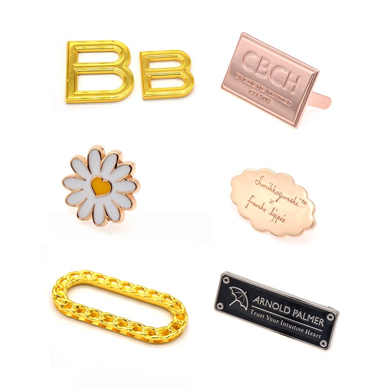 Customized alloy metal label gold plate brand name tag engraving logo for handbag clothing