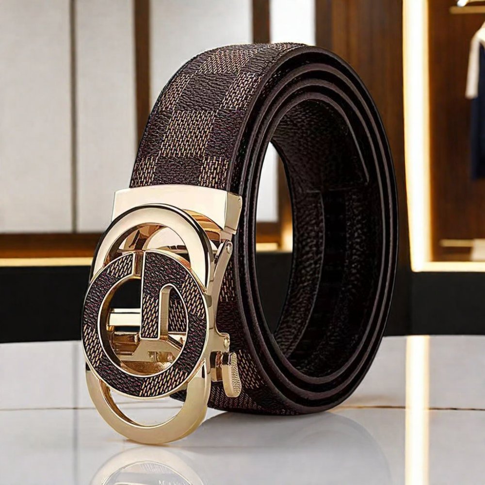 Men's Genuine Cowhide Leather Belt with Automatic Alloy Buckle Simple Fashion Plaid Waistband Automatic Buckle