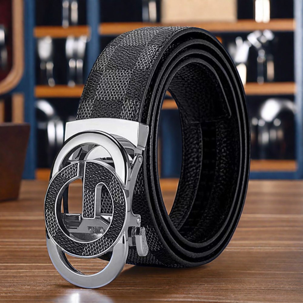 Men's Genuine Cowhide Leather Belt with Automatic Alloy Buckle Simple Fashion Plaid Waistband Automatic Buckle
