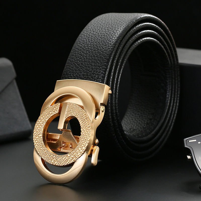 Men's Genuine Cowhide Leather Belt with Automatic Alloy Buckle Simple Fashion Plaid Waistband Automatic Buckle