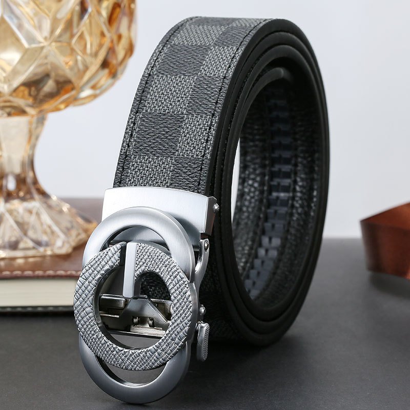 Men's Genuine Cowhide Leather Belt with Automatic Alloy Buckle Simple Fashion Plaid Waistband Automatic Buckle