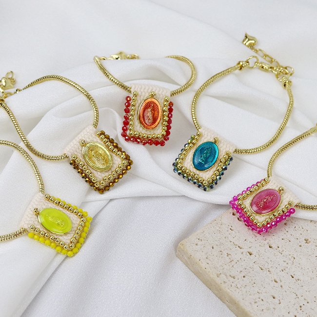 High quality Vintage Religious Virgin Mary 18K gold plated Cross Color Knit Belt accessories women Jewelry brass bracelets