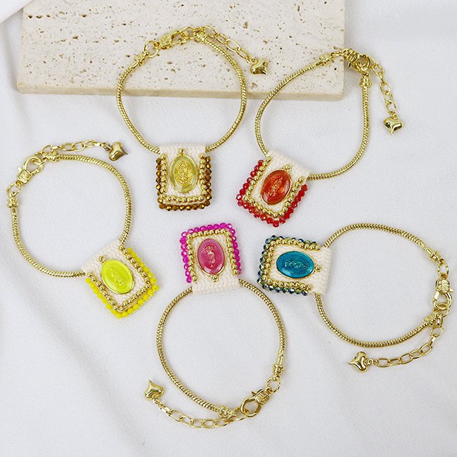 High quality Vintage Religious Virgin Mary 18K gold plated Cross Color Knit Belt accessories women Jewelry brass bracelets