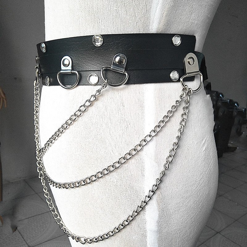 Fashion waist chain night show leather punk belt rhinestones studded with rivets metal