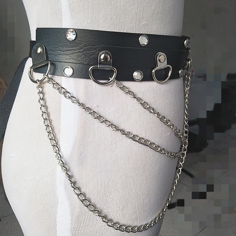 Fashion waist chain night show leather punk belt rhinestones studded with rivets metal