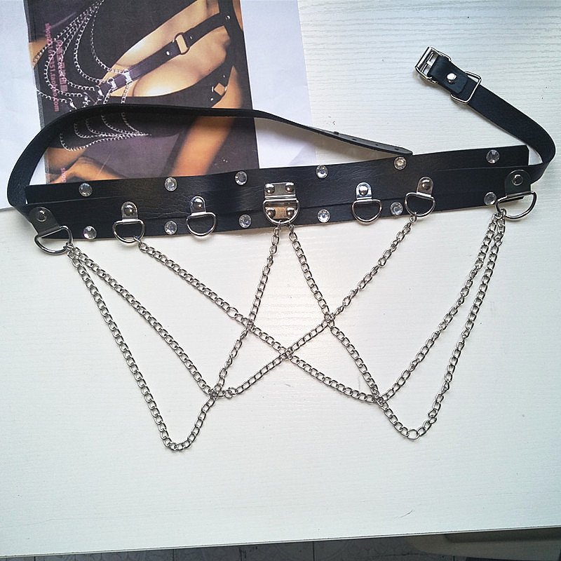 Fashion waist chain night show leather punk belt rhinestones studded with rivets metal