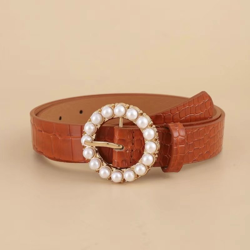 Women's belt pearl inlaid metal buckle crocodile leather grain design belt fashion jeans coat belt