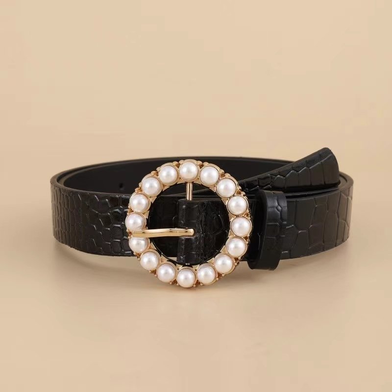 Women's belt pearl inlaid metal buckle crocodile leather grain design belt fashion jeans coat belt