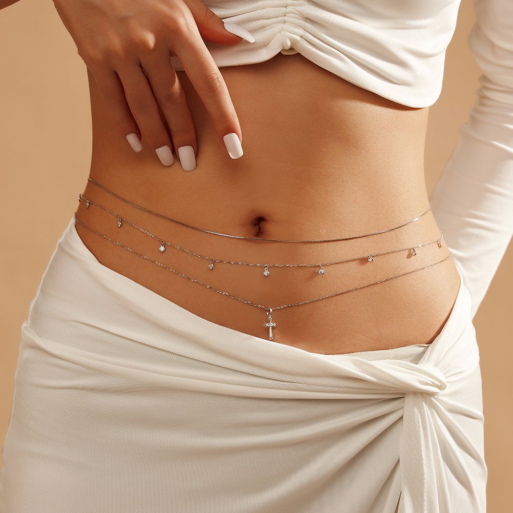 2024 new boyi CW03 Sexy Cross Waist Chain Minimalist Cross Belly Belt Chain Bikini Stomach Fashion Body 925 Silver Jewellery