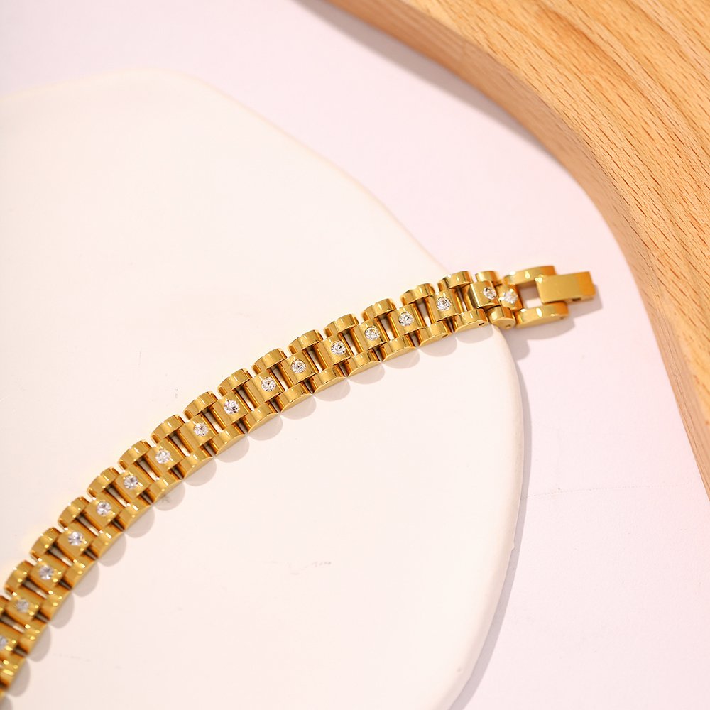 New Trendy 18k Gold Plated Stainless Steel Strap Jewelry Waterproof Wide Cubic Zirconia Belt Bracelet