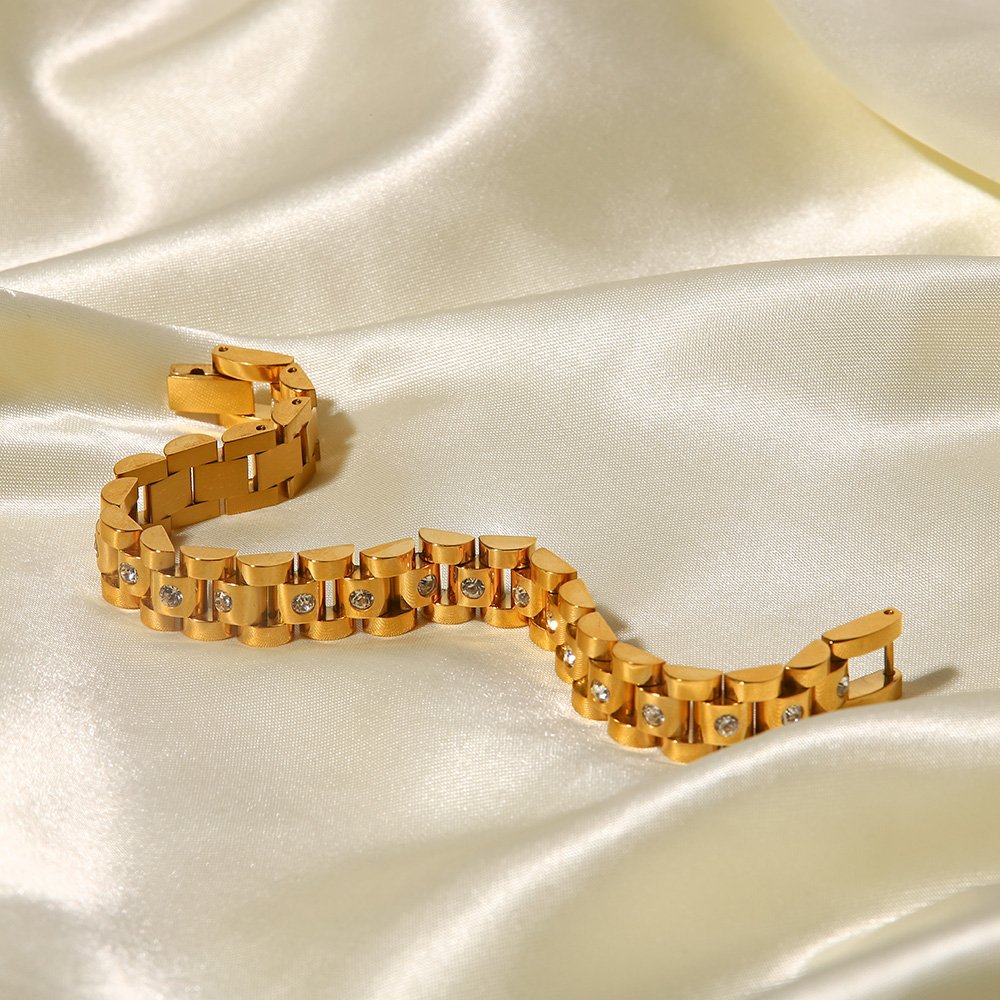 New Trendy 18k Gold Plated Stainless Steel Strap Jewelry Waterproof Wide Cubic Zirconia Belt Bracelet