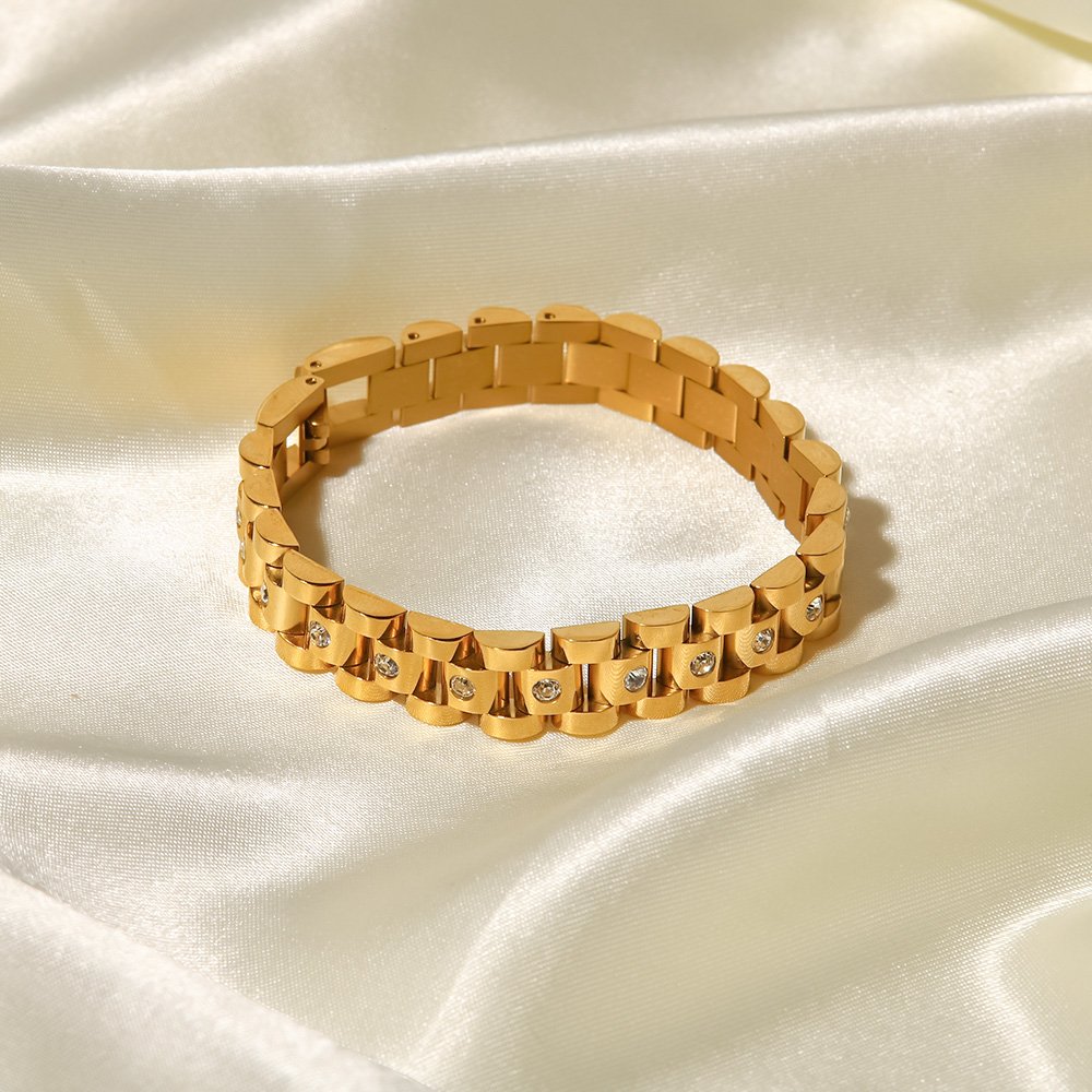 New Trendy 18k Gold Plated Stainless Steel Strap Jewelry Waterproof Wide Cubic Zirconia Belt Bracelet
