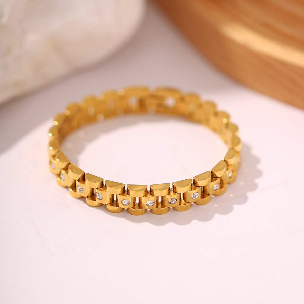 New Trendy 18k Gold Plated Stainless Steel Strap Jewelry Waterproof Wide Cubic Zirconia Belt Bracelet