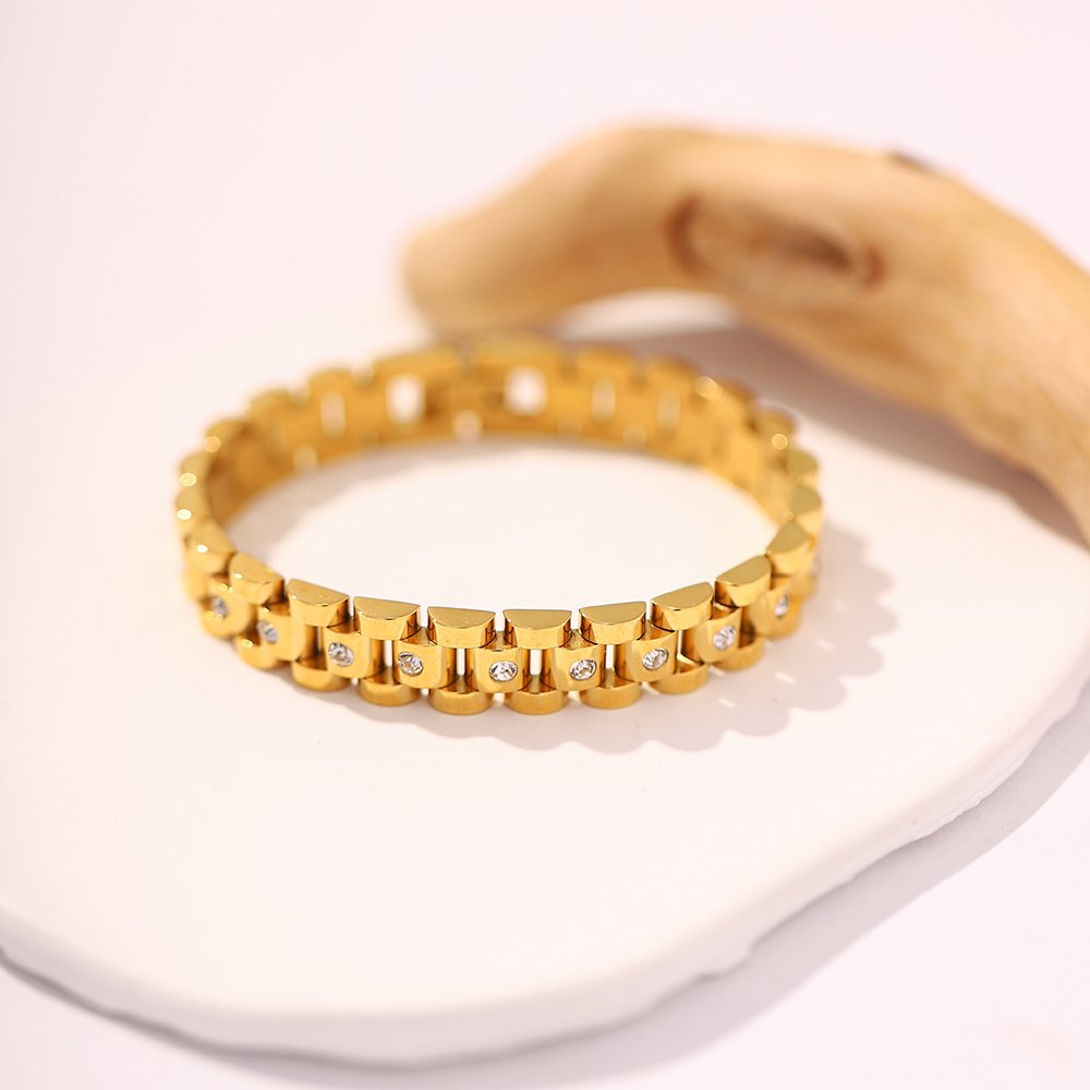 New Trendy 18k Gold Plated Stainless Steel Strap Jewelry Waterproof Wide Cubic Zirconia Belt Bracelet