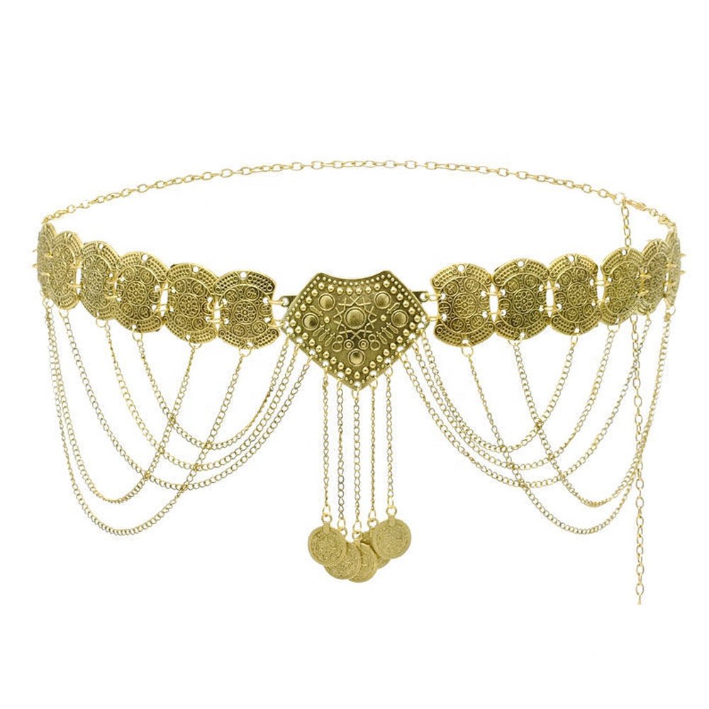 New alloy flower tassel waist chain metal coin belly dance chain Ancient style accessories Dress waist belt for women