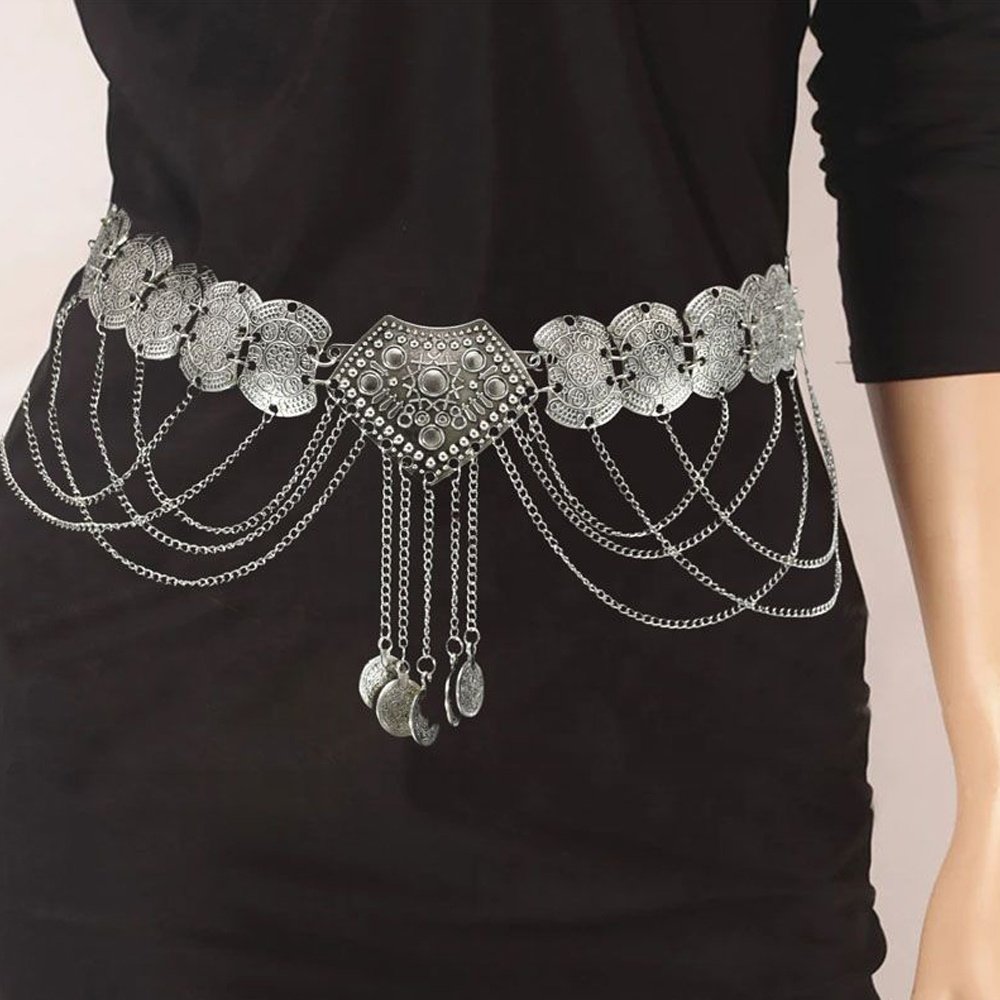 New alloy flower tassel waist chain metal coin belly dance chain Ancient style accessories Dress waist belt for women
