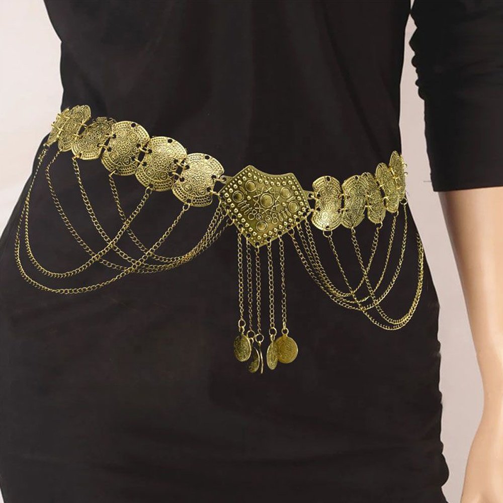 New alloy flower tassel waist chain metal coin belly dance chain Ancient style accessories Dress waist belt for women