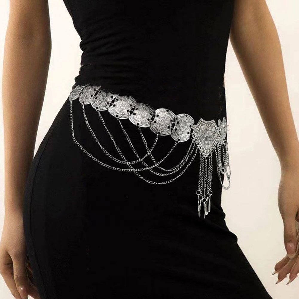 New alloy flower tassel waist chain metal coin belly dance chain Ancient style accessories Dress waist belt for women