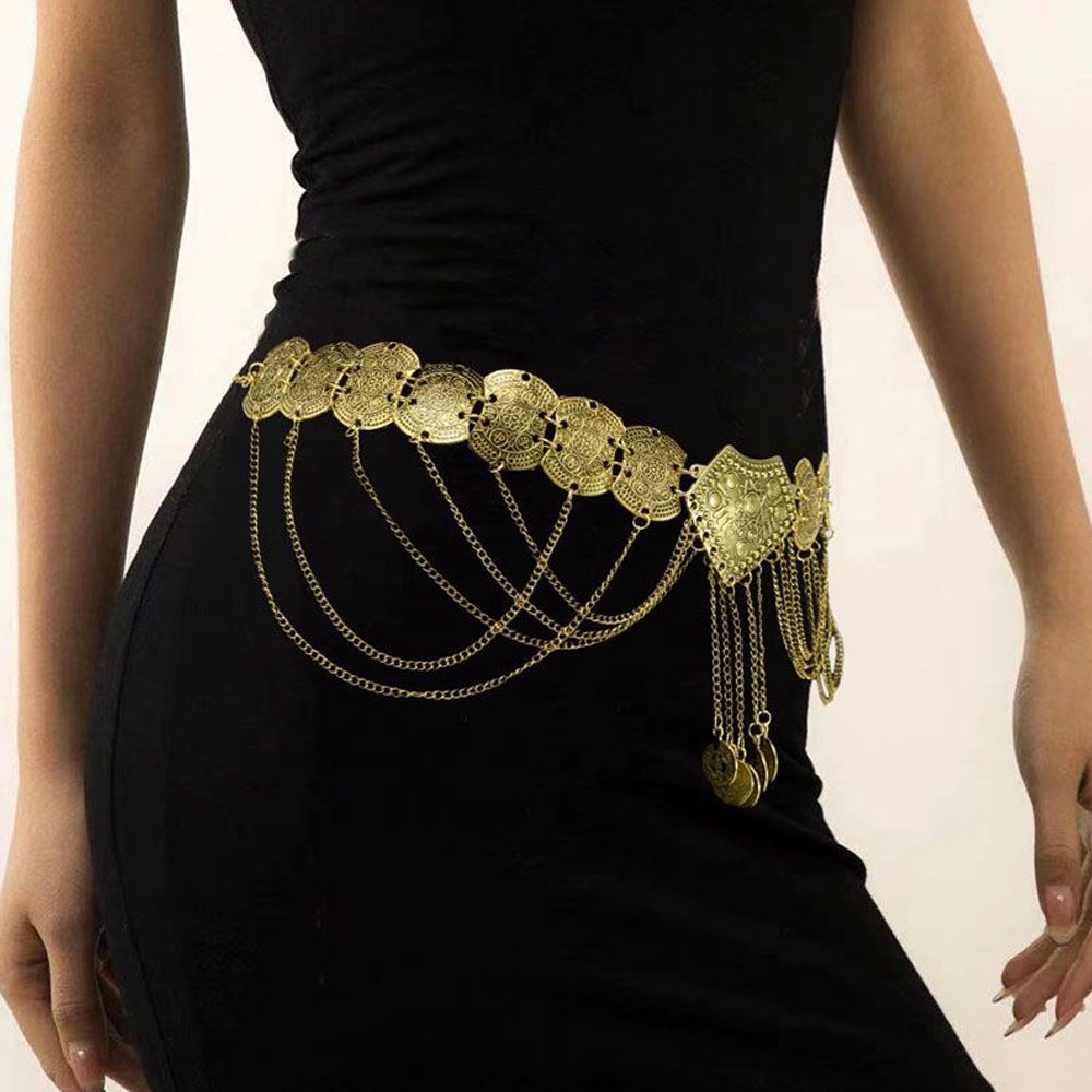 New alloy flower tassel waist chain metal coin belly dance chain Ancient style accessories Dress waist belt for women