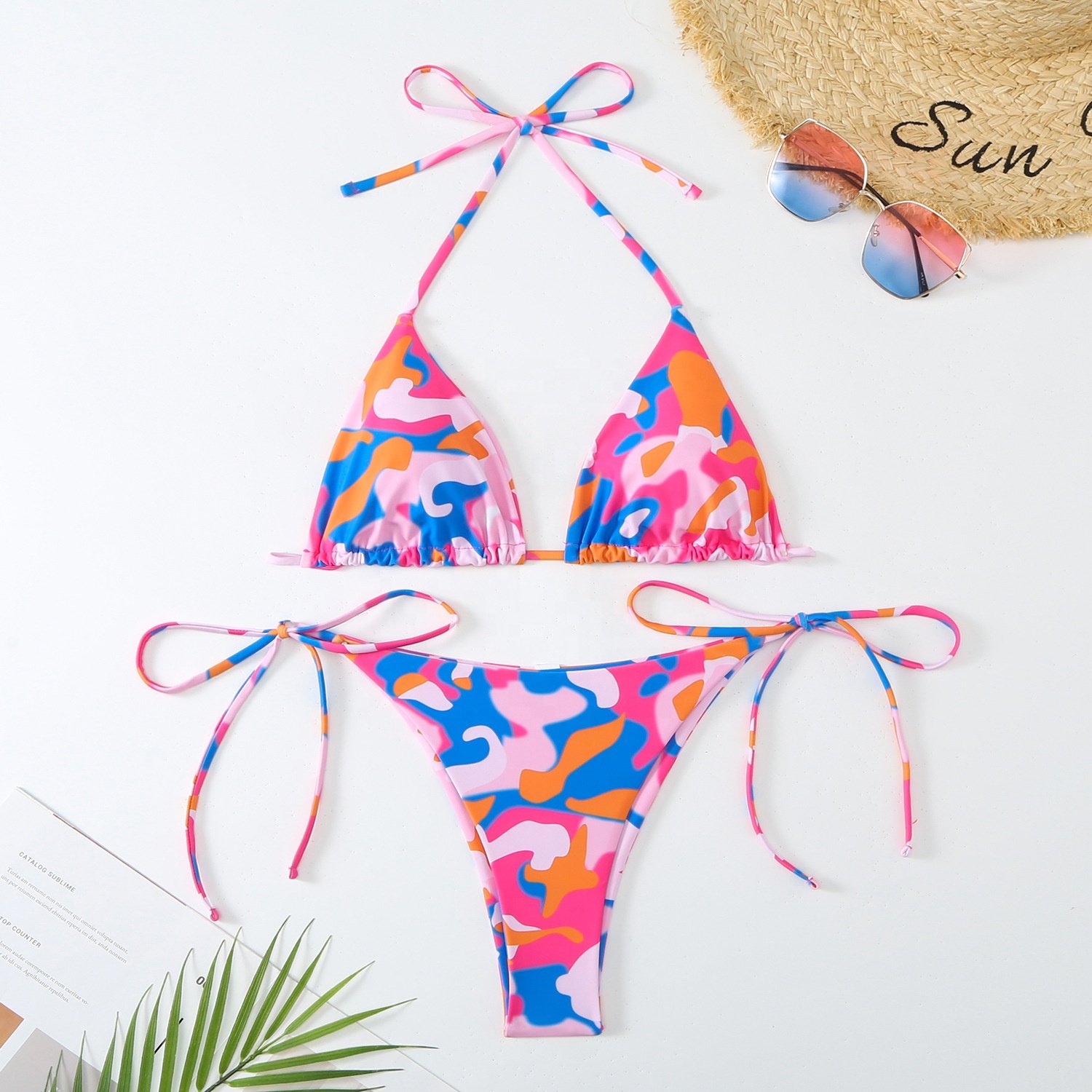 2024 new women's sexy western-style body contrast color sexy lace-up triangle bikini beach swimsuit