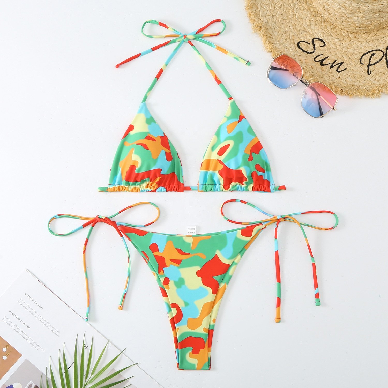 2024 new women's sexy western-style body contrast color sexy lace-up triangle bikini beach swimsuit