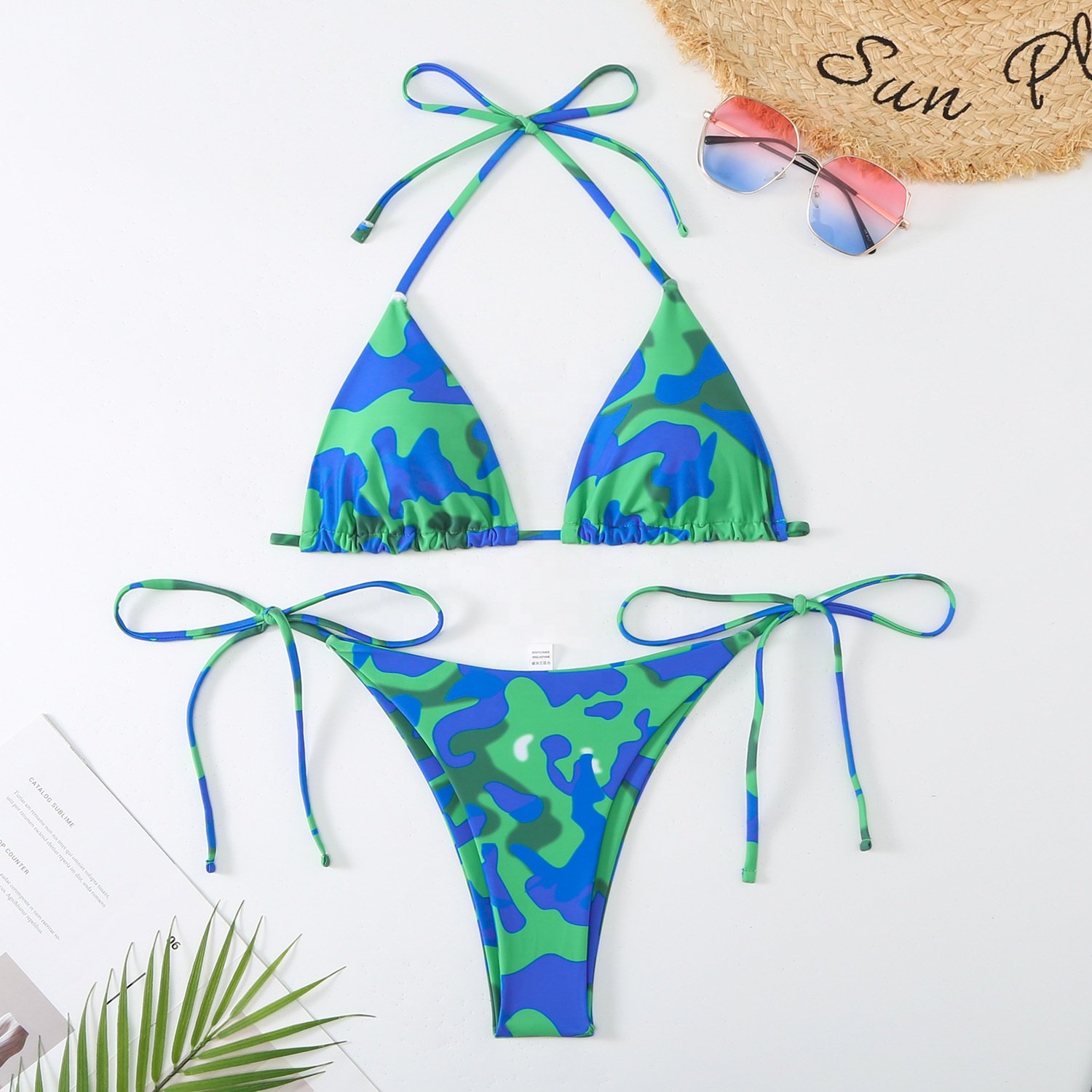2024 new women's sexy western-style body contrast color sexy lace-up triangle bikini beach swimsuit