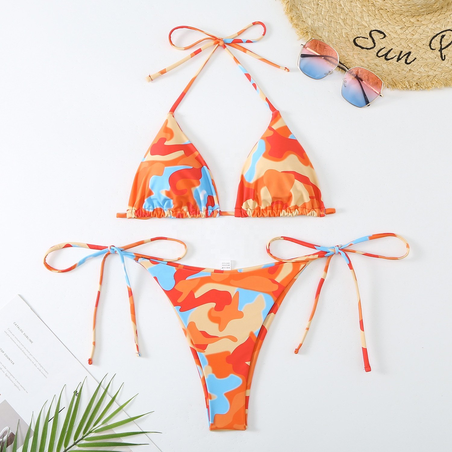 2024 new women's sexy western-style body contrast color sexy lace-up triangle bikini beach swimsuit