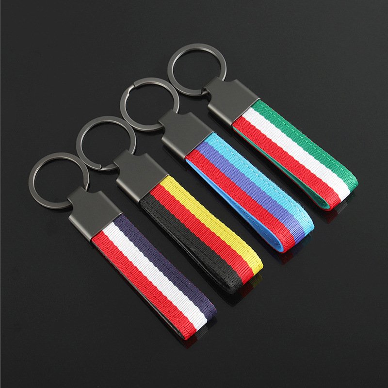 New style three color woven belt car keychain and three color braided strap car key chain with laser logo