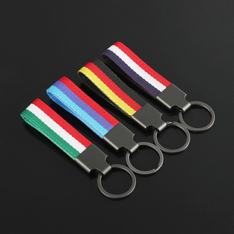 New style three color woven belt car keychain and three color braided strap car key chain with laser logo