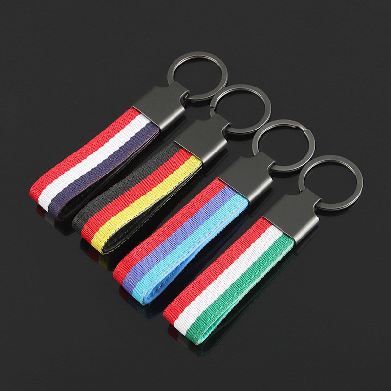 New style three color woven belt car keychain and three color braided strap car key chain with laser logo
