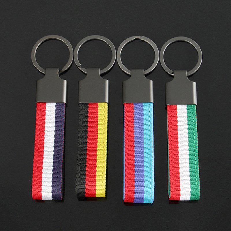 New style three color woven belt car keychain and three color braided strap car key chain with laser logo