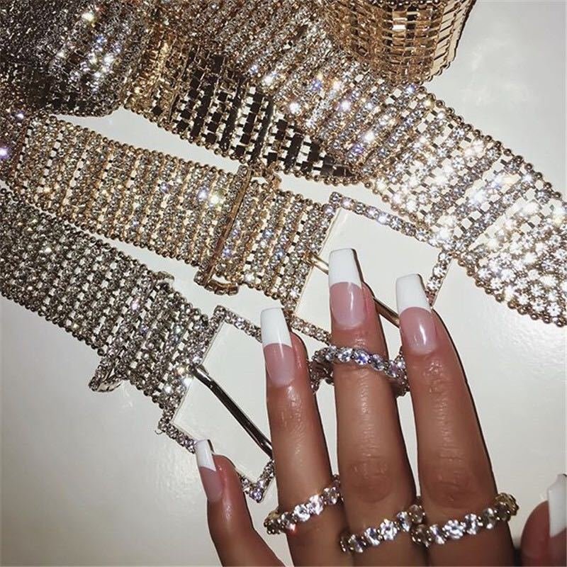 Hot Sale Rows Women Rhinestone Belts Shiny Waist Belts Wide Belt Bling Glitter Chain Waistband for Jeans Dresses Pants