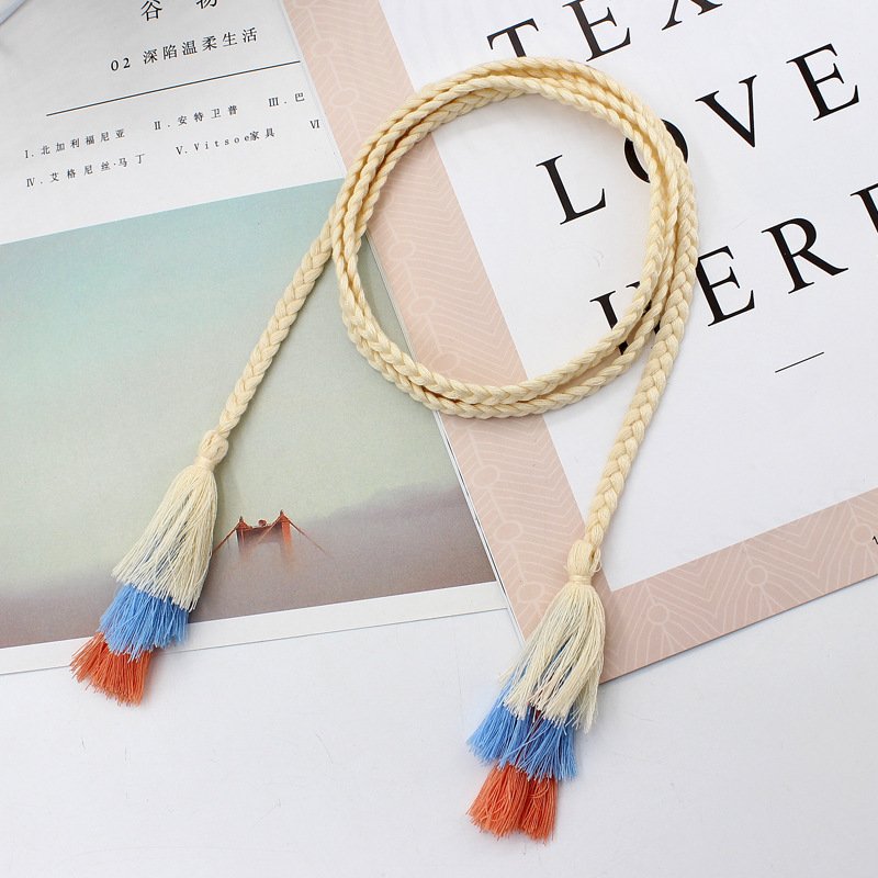 Hot Casual Women Waist Belt Rope Braided Woven Tassel Thin Belt Female Knot Decorated Waistband Solid Black Belts